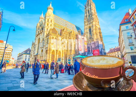 Vienne, Autriche - 18 février 2019 : Profitez de la tasse de café viennois en mélange avec une vue superbe sur l'Acra Stephansdom, le 18 février à Vienne. Banque D'Images