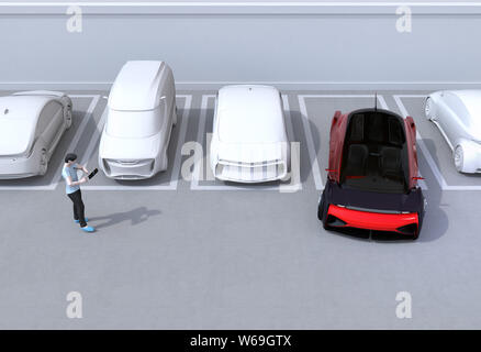 Man using smartphone de commande à distance et un parking. Parking system concept. Le rendu 3D image. Banque D'Images