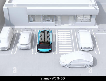 En-tête d'urgence voiture stationnement arrêté alors que le pilote utilisé mauvaise vitesse. Le concept de système d'aide à la conduite. Le rendu 3D image. Banque D'Images