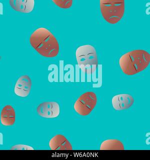 Modèle sans masque de théâtre avec triste et heureux de l'émotion. Vector illustration. Les masques de bronze et argent de gradient sur fond bleu turquoise. Illustration de Vecteur