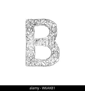 Livre de coloriage ornement floral Alphabet, lettre initiale B Font. Typographie vecteur symbole. Page antistress pour les adultes et les monogrammes.Conception de la couverture ou de l'affiche isolés Illustration de Vecteur