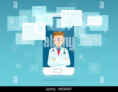 Consultation en ligne médical concept. Vecteur d'un homme médecin sur l'écran du téléphone pour répondre aux questions Illustration de Vecteur