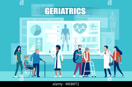 Les soins de santé et la gériatrie concept. Vecteur d'aider l'équipe médicale les patients âgés ayant une déficience à l'aide d'applications médicales et de la technologie moderne Illustration de Vecteur