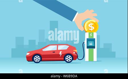 Vecteur d'une voiture électrique à la station de charge chargeur d'économiser de l'argent à driver Illustration de Vecteur