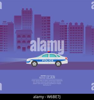 La voiture de police dans le contexte de la ville nocturne. Le véhicule de patrouille sur la voie publique de la ville. 911 Service. Un vecteur illustration de télévision avec style Illustration de Vecteur
