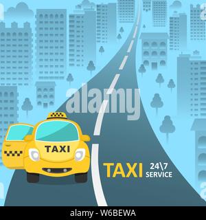 La voiture de taxi avec une ouverture de porte passager sur la rue. Service clients d'un taxi 247. Un vecteur illustration de télévision style pour une bannière, un poste Illustration de Vecteur