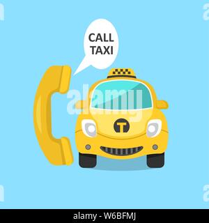 Le joyeux voiture d'un taxi avec le récepteur. Défi de taxi. Service à la clientèle. Une bannière, une affiche, des éléments de design pour la carte de visite, publicité Illustration de Vecteur