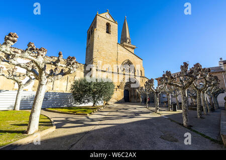 Vue grand angle de l'église San Pedro à Olite, construite en style roman et gothique, Navarre Espagne Banque D'Images