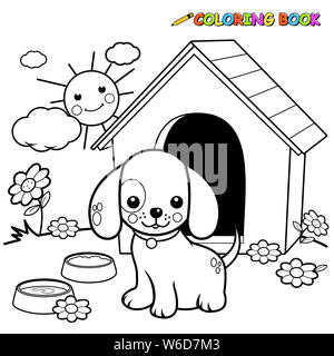 En noir et blanc indiquant l'illustration d'un chien à l'extérieur de sa niche. Page de livre de coloriage. Banque D'Images