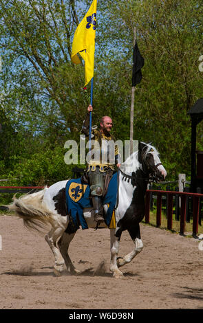 Un chevalier au galop célébrant sa victoire au tournoi de voie de l'outdoor centre médiéval à Nykøbing Falster, Danemark. Le centre médiéval est construit autour du village à Sundkøbing un fjord que c'était autour de l'année 1400. Les maisons sont conçues et construites de manière authentique avec les gens qui peuplent le village, hommes, femmes, enfants, paysans, artisans, guerriers et chevaliers etc s'habiller et de travailler comme ils le feraient de nouveau en 1400. Chanoines et grands trébuchets peut être vu tirer des missiles avec chevaliers en armure à cheval en concurrence avec des lances et des épées, les teinturiers textile couleur avec des plantes et en e Banque D'Images