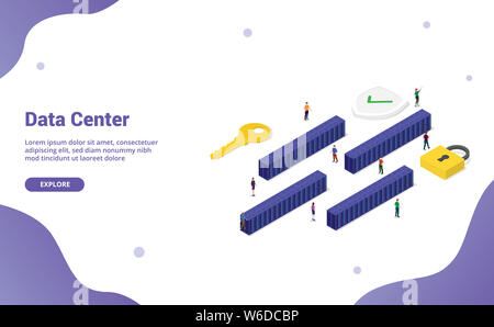 Grand centre de données avec un grand nombre de chambres modernes avec serveur télévision isométrique et style pour les personnes de l'équipe modèle de site web ou d'atterrissage homepage - vector illustr Banque D'Images