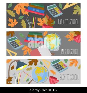 Retour à l'école. Télévision Cute vector set bannières horizontales avec les feuilles d'automne,papeterie, livres et autres Illustration de Vecteur