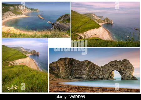 Collage à partir de photos et avec l'exemplaire de l'espace. La Durdle Door arch rock et l'homme O' War Beach sur la côte du Dorset du sud de l'Angleterre au cours de la journée Banque D'Images