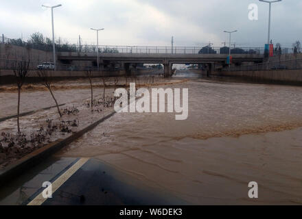 Une route sous un viaduc est submergée en raison de la fermeture d'un système de pompage après de fortes pluies dans la ville de Zhengzhou, province du Henan en Chine centrale, 22 Banque D'Images