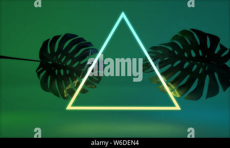 Glowing neon light avec feuilles monstera tropical. 3D Render Banque D'Images