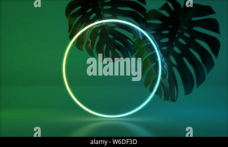 Glowing neon light avec feuilles monstera tropical. 3D Render Banque D'Images