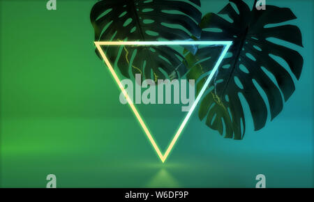 Glowing neon light avec feuilles monstera tropical. 3D Render Banque D'Images