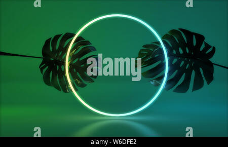 Glowing neon light avec feuilles monstera tropical. 3D Render Banque D'Images