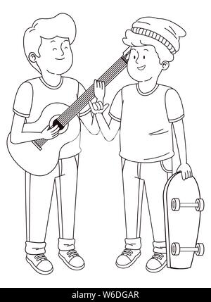 Les adolescents friends Smiling et s'amuser en noir et blanc Illustration de Vecteur