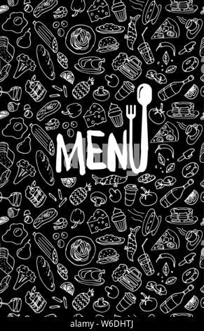 Modèle de couverture du menu du café restaurant. Page de titre avec dessin à la main de nourriture doodle contour coloré esquisse noir motif. Illustration de l'élément de cuisson vectoriel Illustration de Vecteur