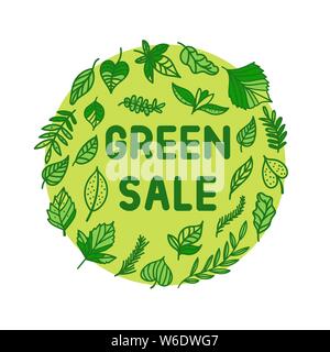 Vector Green vente avec les feuilles de style l'illustration. Round imprimer cadre avec l'inscription. Illustration de Vecteur