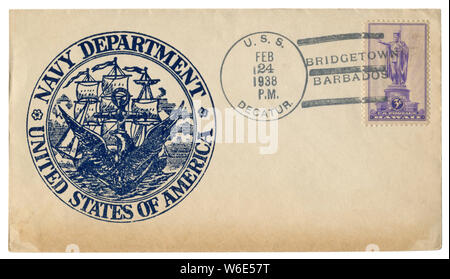 USS DECATUR, Bridgetown, Barbade - 24 Février 1938 : enveloppe historique : couvrir avec le cachet du ministère de la Marine, États-Unis d'Amérique Banque D'Images