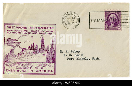 Après la mer, les USA - 10 août 1932 : l'enveloppe historique : couvrir avec cachet premier voyage S.S. Manhattan et George Washington timbre Banque D'Images