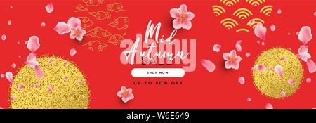 Festival de mi-automne vente modèle pour la promotion de l'entreprise en ligne ou boutique internet offre. Gold glitter background décoration chinoise avec 3D réaliste Illustration de Vecteur