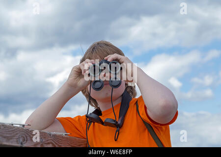 Garçon regardant à travers des jumelles, Grafenau, Parc National, Bayerischer Wald, Bavière, Allemagne Banque D'Images