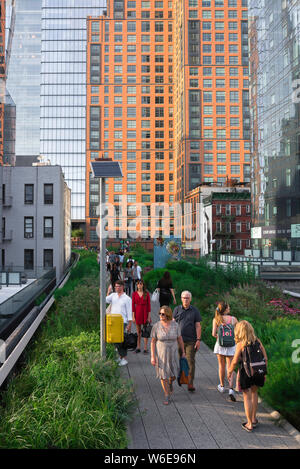 High Line New York, vue de personnes en Été Randonnée pédestre Le parc High Line dans le quartier de Chelsea, Manhattan, New York. Banque D'Images
