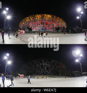Cette photo composite présente le stade national de Beijing, également connu sous le nom de nid d'oiseau, avant (en haut) et au cours de la campagne l'heure de la Terre, à Beijing Banque D'Images