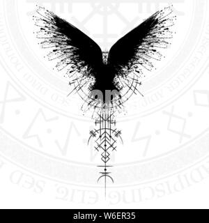 Grunge noir Silhouette oiseau avec symbole viking sur fond blanc Illustration de Vecteur