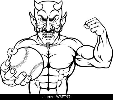 Sports Baseball diable Mascot Holding Ball Illustration de Vecteur