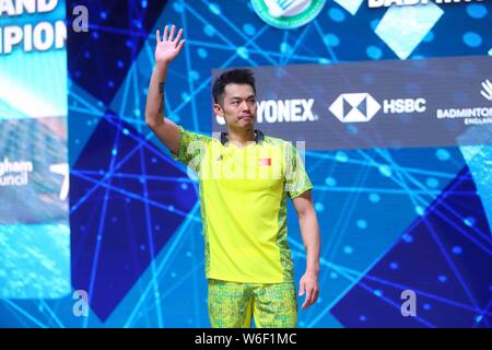 Lin Dan de Chine est photographié après le match final de la masculin lors de l'All England Open YONEX Badminton Championships 2018 à Birmingham, Banque D'Images