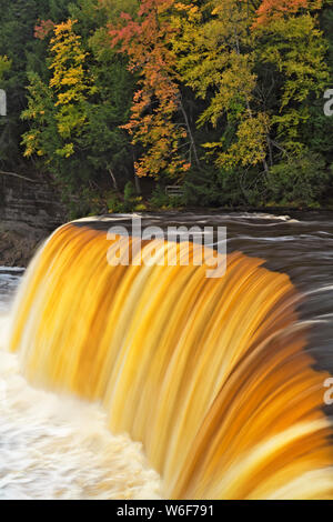 Tahquemenon la rivière avec son eau couleur ambre de tanin naturels trouvés en cascade sur Tahqemenon tombe dans la Péninsule Supérieure du Michigan. Banque D'Images