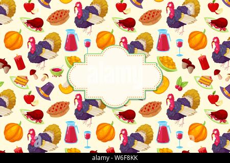 Carte avec des objets de dessin animé coloré pour le jour d'action de grâce Illustration de Vecteur