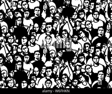 Heureux les gens Doodles foule public noir et blanc motif transparent Illustration de Vecteur