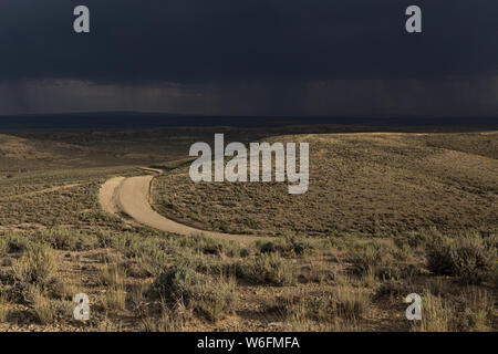 Un chemin serpente à travers les broussailles de l'armoise dans le Wyoming comme un orage approche. Banque D'Images