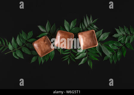 Arrière-plan de l'alimentation organique avec les plaques de bambou en bois sur les feuilles vertes, sur une table noire. L'éco-friendly plat vide. Les plaques en bois maquette. Vue ci-dessus. Banque D'Images