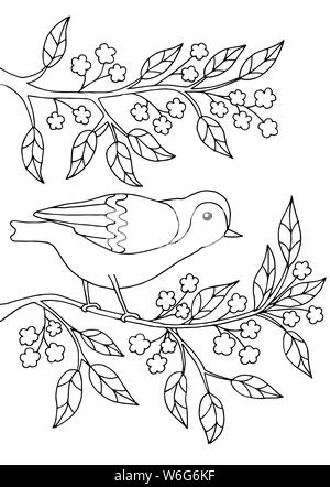 Oiseau posé sur une branche d'un arbre en fleurs, coloriage pour enfants et adultes Illustration de Vecteur