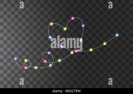 Les lumières de Noël avec coeur une ligne. Guirlande de Noël coloré avec cœur une ligne. Vector rouge, jaune, bleu et vert et purple glow light bulbs sur Illustration de Vecteur