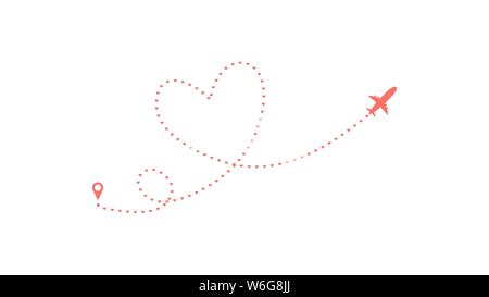 Amour airplane route. Coeur en pointillés et trace les itinéraires avion isolé sur fond blanc. Voyage de noces romantique, voyage de noces. Plan coeur Illustration de Vecteur