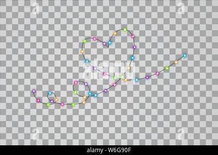 Les lumières de Noël avec coeur une ligne. Guirlande de Noël coloré avec cœur une ligne. Vector rouge, jaune, bleu et vert et purple glow light bulbs sur Illustration de Vecteur