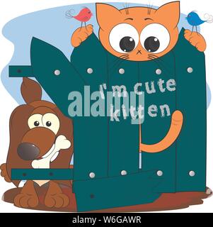 Cute kitten et chien. cartoon vector illustration bande dessinée. Illustration de Vecteur