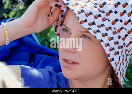 STOCKHOLM, Suède - le 26 juillet 2019 : Greta Thunberg démontrant l'extérieur du Parlement européen à Stockholm. Banque D'Images