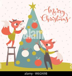 Affiche de Noël moderne avec deux petits renards Illustration de Vecteur