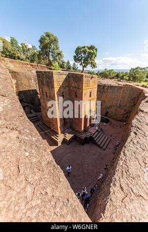 Biete Ghiorgis (Chambre de Saint George) métro éthiopienne orthodoxe église monolithe rock-cut, Rock-Hewn églises ; Lalibela, région d'Amhara, en Éthiopie Banque D'Images