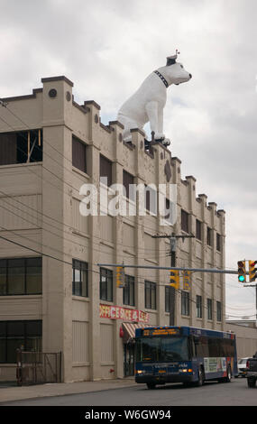 Le chien Nipper RCA sur le dessus du toit d'un entrepôt dans la région de Albany NY Banque D'Images