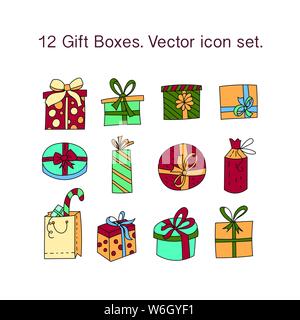 Simple Jeu de cadeaux Fine Ligne d'icônes. Boîtes cadeaux avec des rubans de différentes formes. Symboles de Noël. Illustration de Vecteur