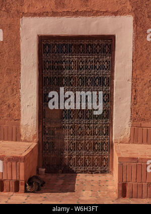 Ouarzazate, Maroc, Afrique - 15 janvier 2014 : porte en fer forgé dans une façade d'adobe avec un chat endormi à l'ombre en face Banque D'Images